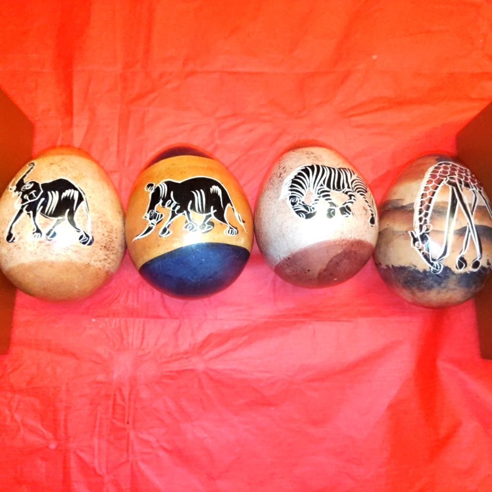 4 Kenya Safari Animal Wildlife Hand Made Painted African Art Stone Eggs